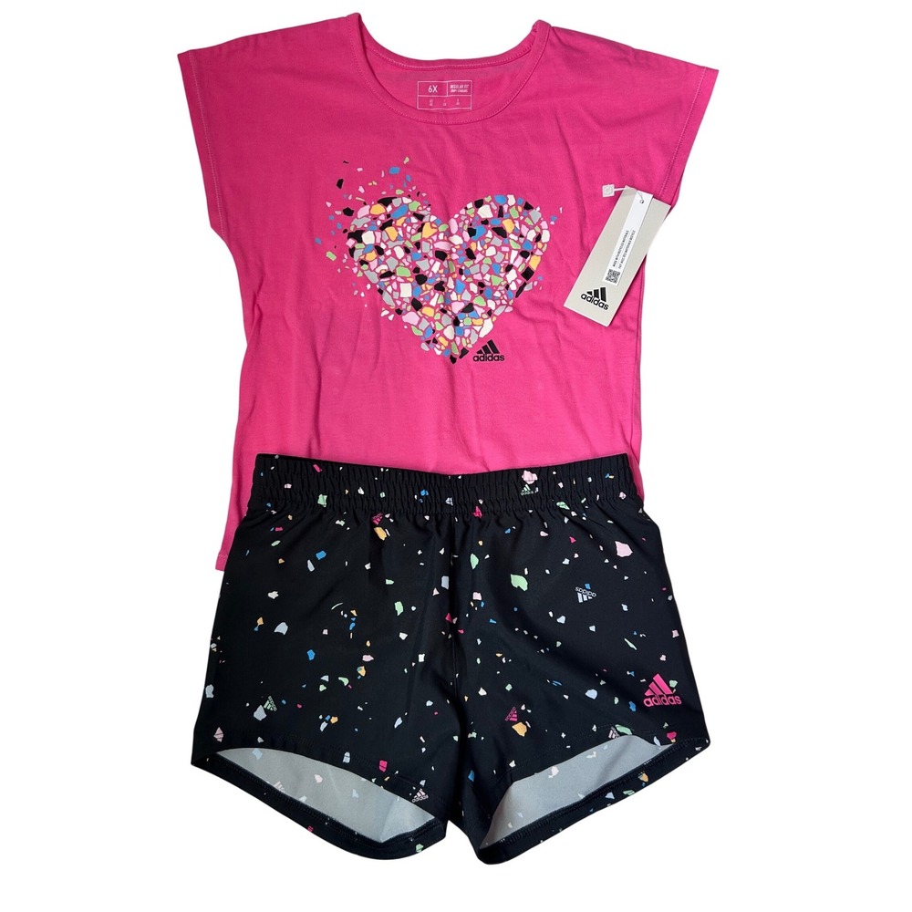 New Adidas Girls 2-Piece Heart Mosaic Graphic T-Shirt Shorts Set Pink Black 6X